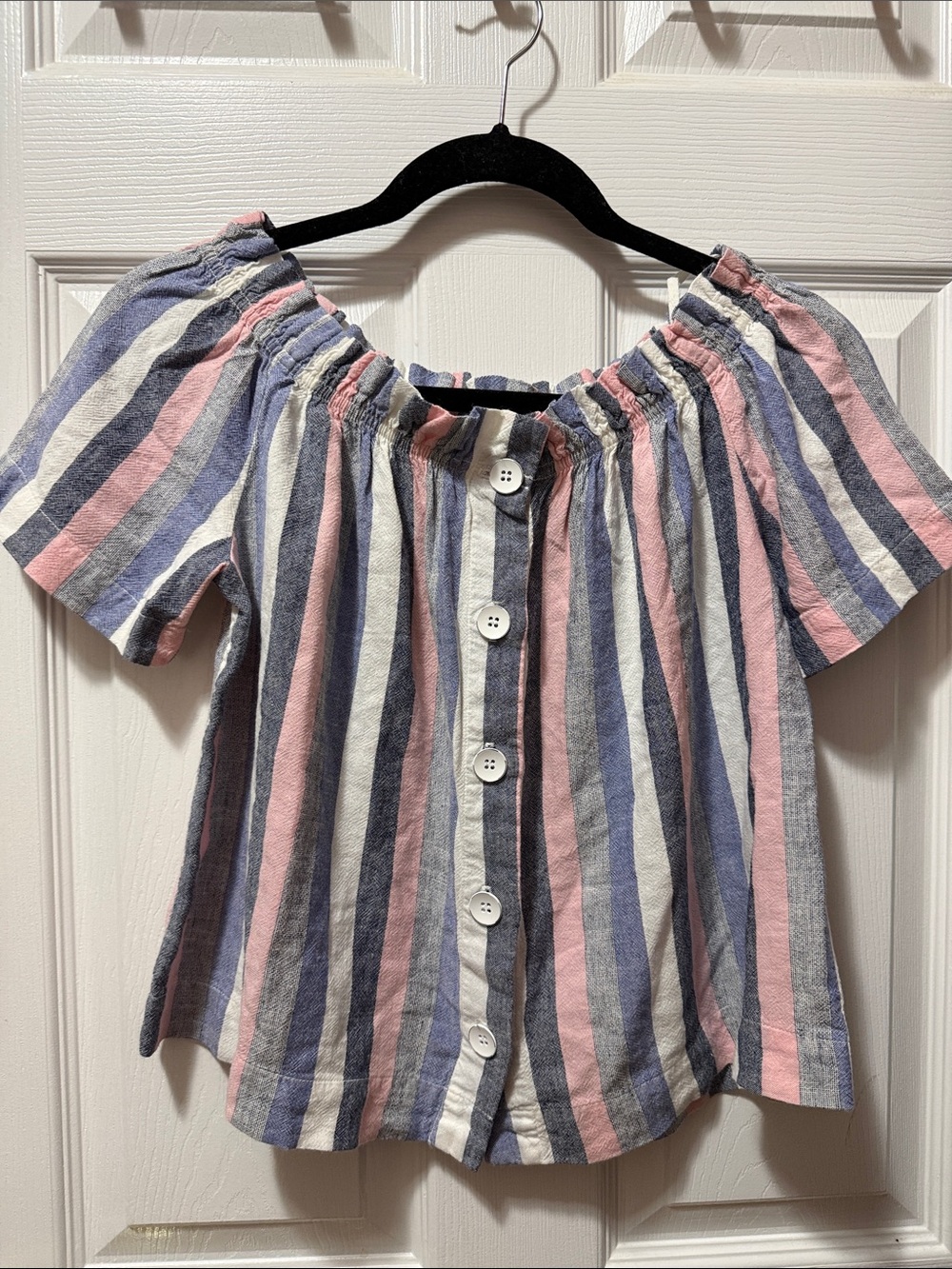 Bella Dahl Girls Off-the-Shoulder Striped Button Front Top - Pink, Blue & White